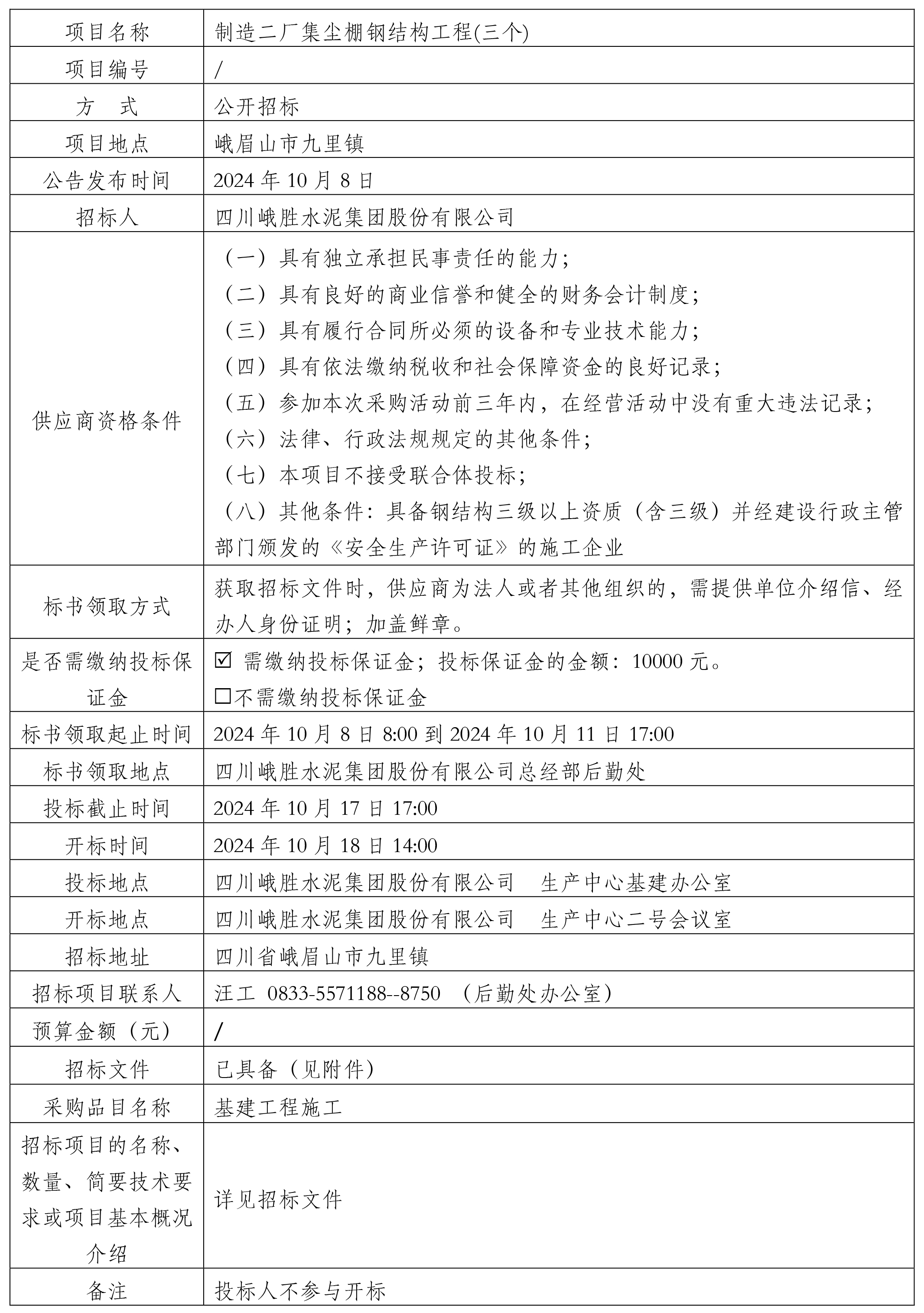 20241008制造二廠集塵棚鋼結(jié)構(gòu)工程招標(biāo)公告簽發(fā)稿-2